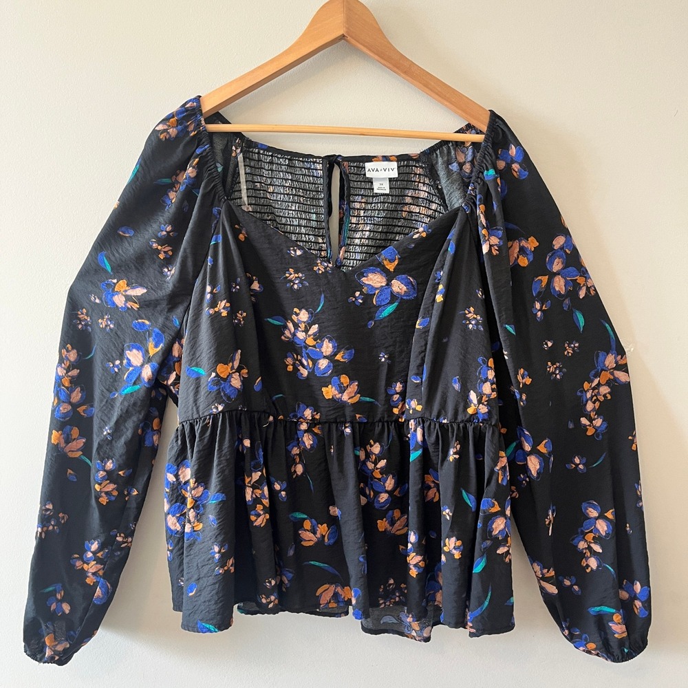 Ava & Viv Peplum Blouse Cottagecore Black Floral 3X Smocked Back Sweetheart Neck